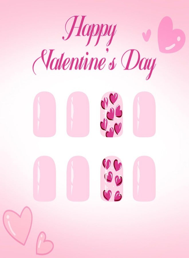 OSTTMA 24Pcs Pink Heart Press on Nails Short Square Fake Nails Valentine Nail Tips Cute Glossy Heart Glue on Nail Full Cover Valentines Stick on Nails for Women Manicure - Image 4